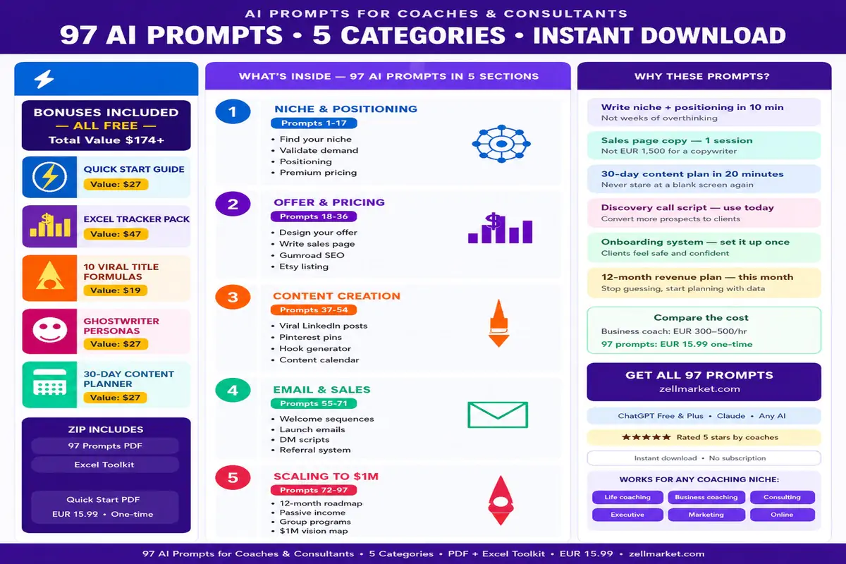 97 AI Prompts for Coaches - Get Clients Through Content in 7 Days